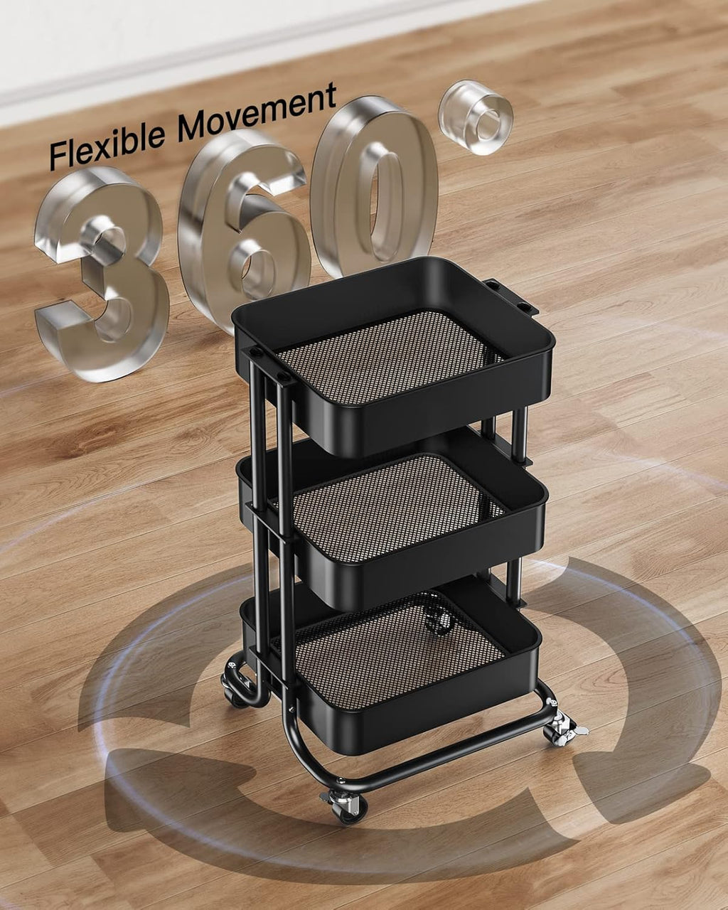 Pipishell 3-Tier Metal Rolling Utility Cart - Heavy-Duty Storage with Lockable Wheels | Black Mesh Design