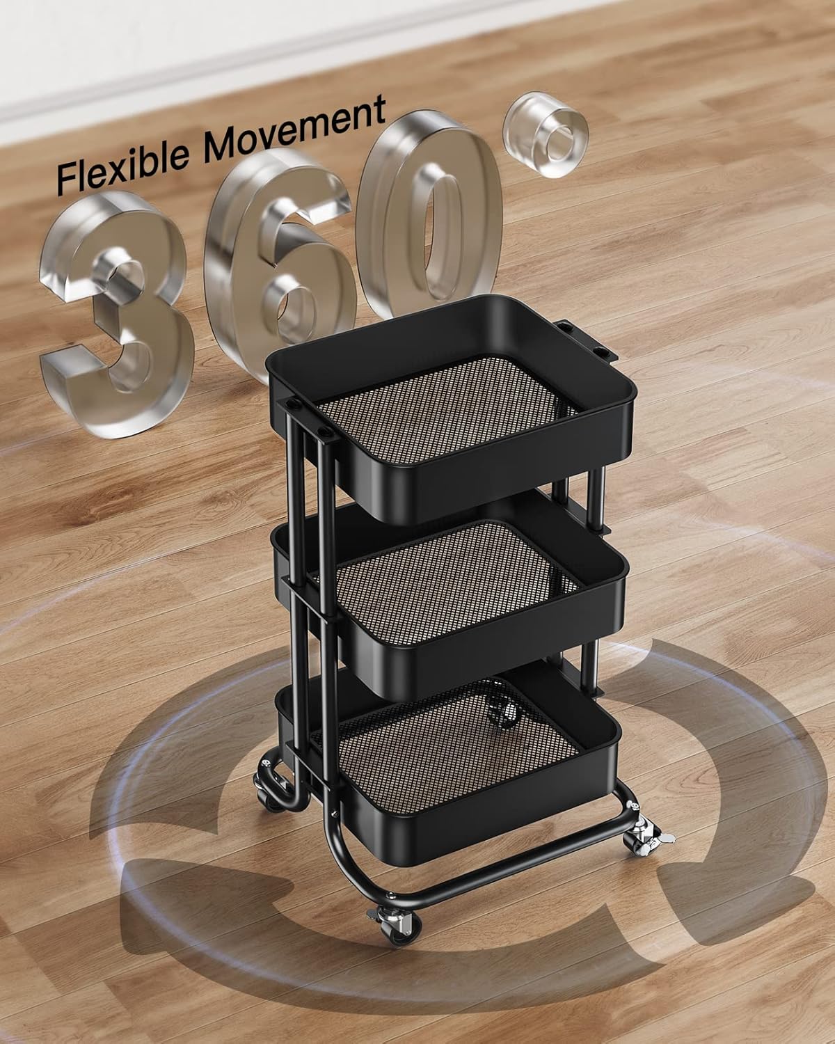 Pipishell 3-Tier Metal Rolling Utility Cart - Heavy-Duty Storage with Lockable Wheels | Black Mesh Design