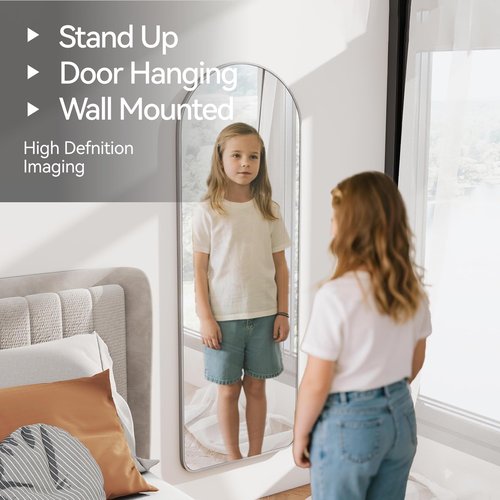 SCWF-GZ 57x20 Door Hanging Full Length Mirror, Floor (Height 5.7ft just Body in1.3ft) Wall Mounted Metal Frame Arch Dressing Mirrors for Bedroom Bathroom Living Room 57 inch Silver