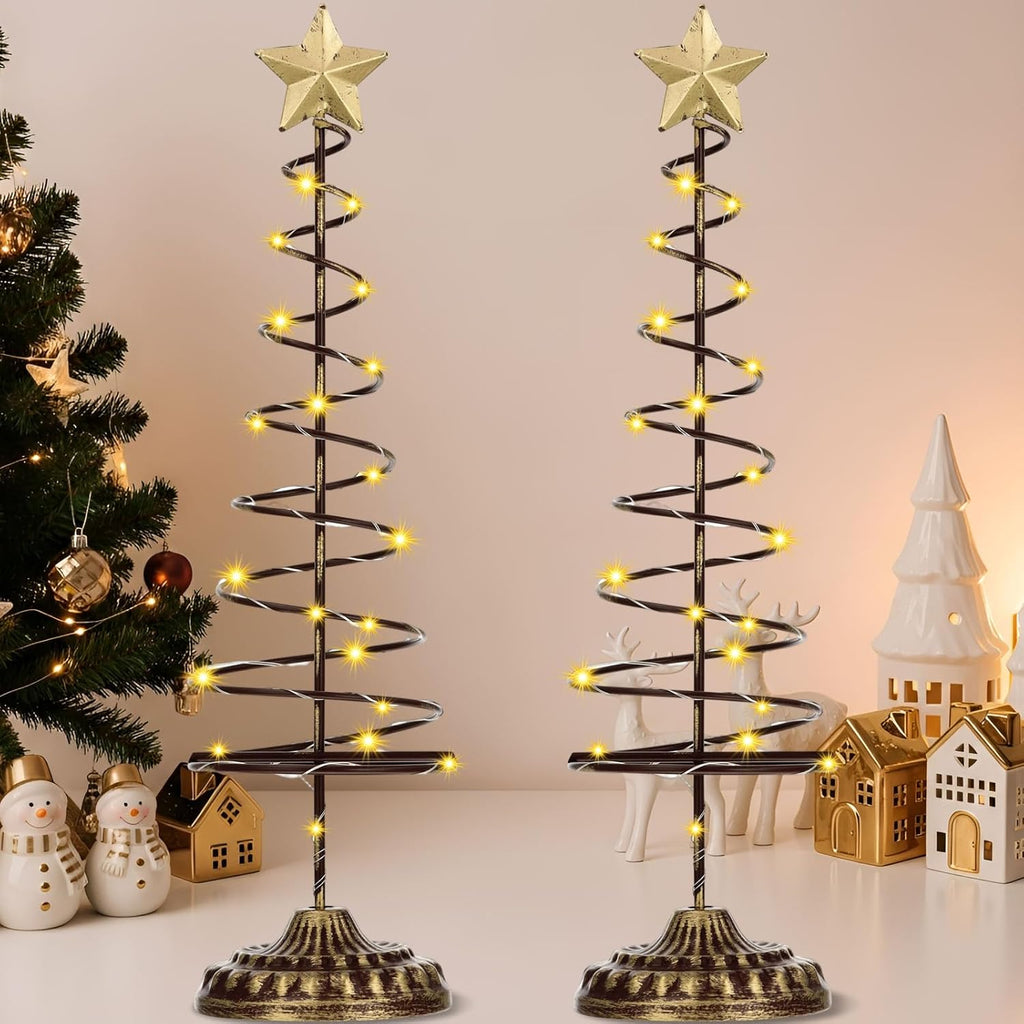 Skiennix Lighted Christmas Tree Table Decoration - Prelit Mini Xmas Tree with Golden Star | Battery Operated, Spiral Design