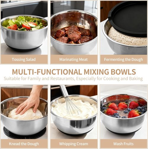 Deedro Premium Mixing Bowls Set - 22 Pcs Thicker Stainless Steel with Airtight Lids | Non-Slip Silicone Base, Black