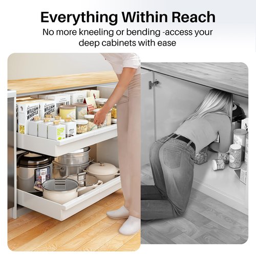Pull out Cabinet Organizer, 2-Pack Expandable(13.6"-24") Silde out Drawers with Raising Pad for Framed Cabinets, Adjustable Full-Extension Adhesive Roll out Shelves for Kitchen Pantry Home Pot and Pan