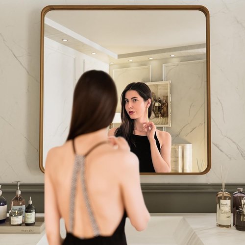 LOAAO 30x30 Bathroom Mirror - Rounded Rectangle Design with Wood Grain Metal Frame | Anti-Rust, Versatile Hanging Options