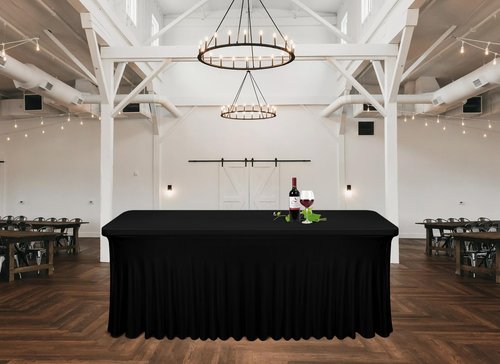 4 Pack 6Ft Spandex Table Skirts Black Stretch Tablecloth with Skirt for 6 Foot Rectangle Tables, One-Piece Wrinkle Resistant Fitted Stretchable Table Covers for Wedding Party Banquet Trade Show