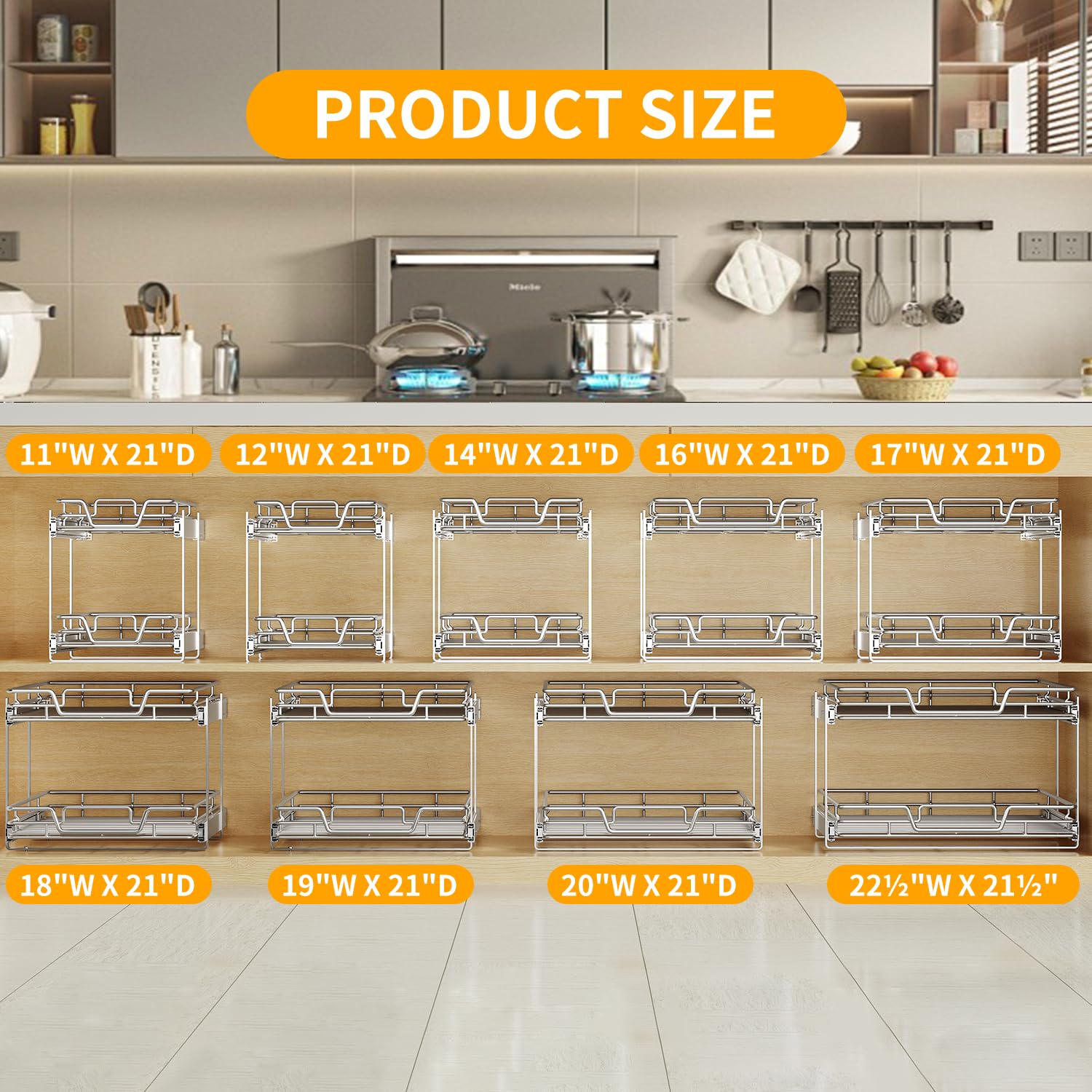 QUYUWU 2-Tier Kitchen Cabinet Pull Out Cabinet Organizer,Shelf and Drawer Organizer Slide Out Pantry Storaqe Basket in Multiple Sizes (17" W x 21" D)