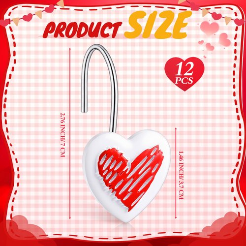 CroBlissful 12 Pcs Heart Shape Shower Curtain Hooks Heart Hangers Hooks Love Decorative Curtain Rings for Valentine's Day Spring Summer Wedding Bathroom Restroom(White)