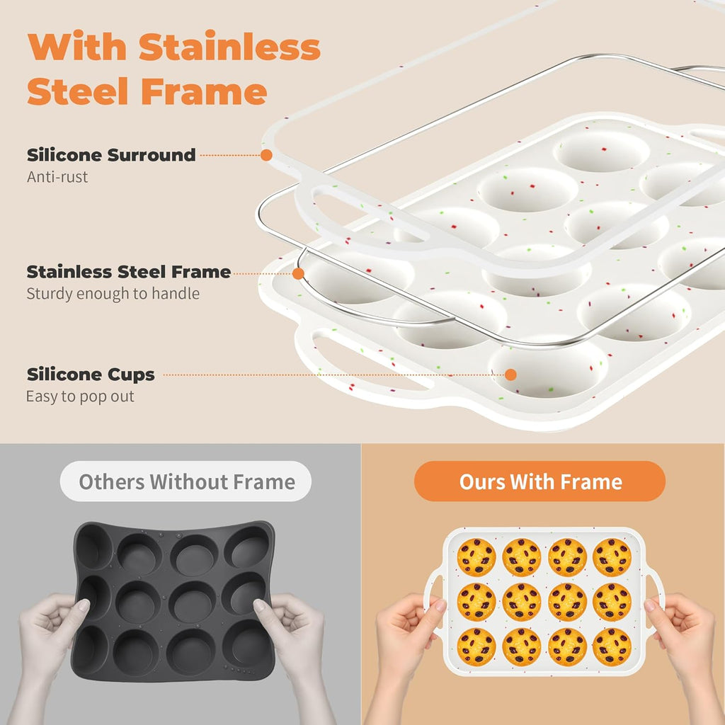 Skiennix Silicone Muffin Pan - 12-Cup Nonstick Baking Tray with Metal Reinforced Frame - BPA Free