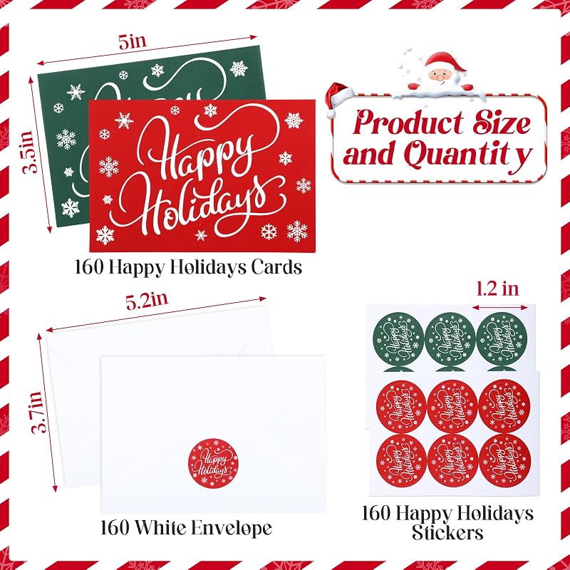 Happy Holidays Cards with Envelopes 160 Pcs - 3.5x5 Inches, Red & Green (Variation: Red, Green+160)