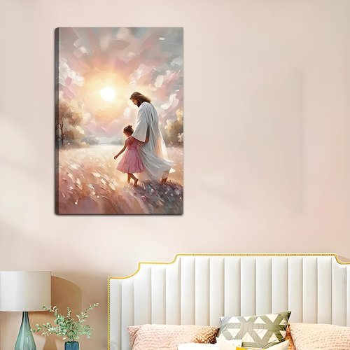Jesus and Children Canvas Art Print - Soft Pink Sunset Wall Decor for Nursery & Living Room | 16x24 in