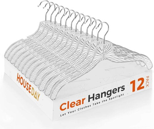 HOUSE DAY Clear Plastic Hangers - Durable 12 Pack Crystal Dress Hangers for Women | 16.7'' Versatile Design with 360° Swivel Hook