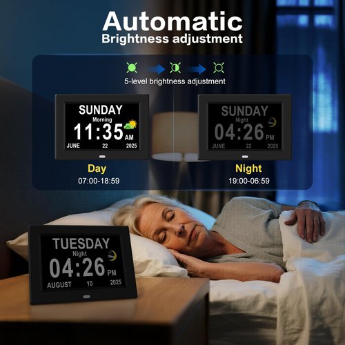 7‘’ Digital Alarm Clock for Elderly Large Display for Seniors Electric Clocks with Date Day of Week 12 Alarms 4 Colors Desk Wall Calendar Clocks for Memory Loss Alzheimers Dementia Auto DST/Dimmer