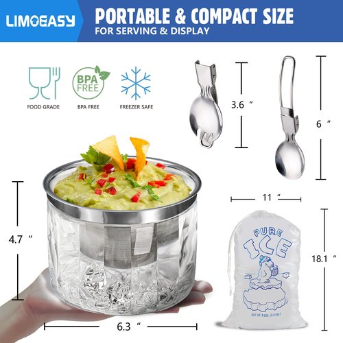 LIMOEASY Chilled Dip Bowl (4 Pack), 25oz Ice Serving Bowl with Lid for Parties, Cold Serving Dish for Hummus, Salsa, Guacamole, Sauces, Pasta