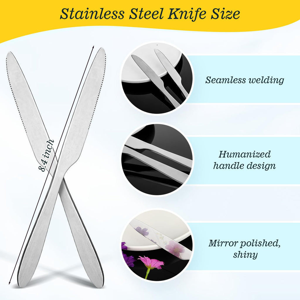 Nuenen 200 Pcs Dinner Knives Set 8.4 Inches Serrated Table Knives Durable Stainless Steel Butter Steak Silverware Bulk for Home, Restaurant, Kitchen, Dishwasher Safe and Mirror Polished