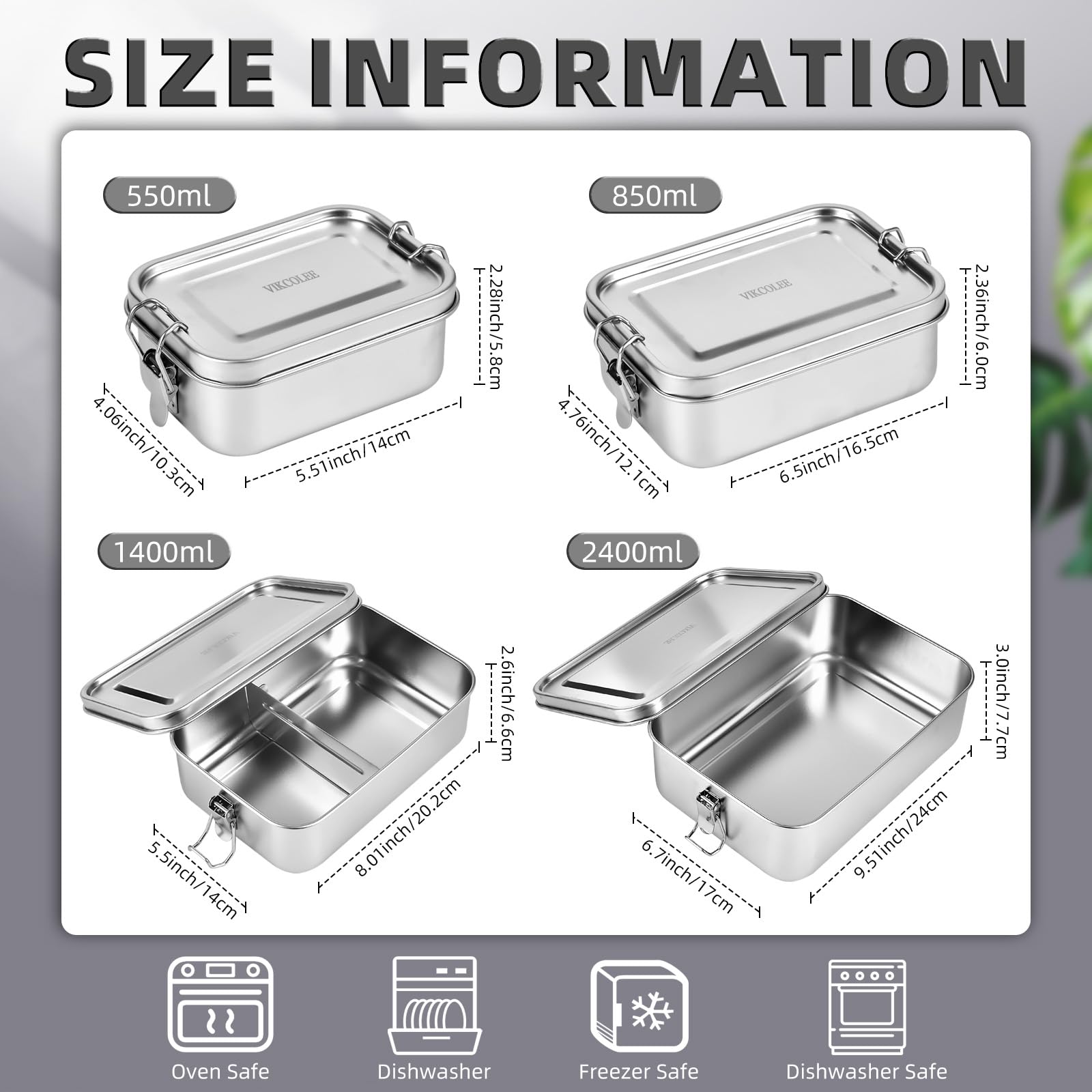 VIKCOLEE 4 PCS Stainless Steel Bento Box 4-Size, Metal Lunch Box, Food Containers, Lunch Container for Home, Work, Camping (550ml+850ml+1400ml+2400ml)