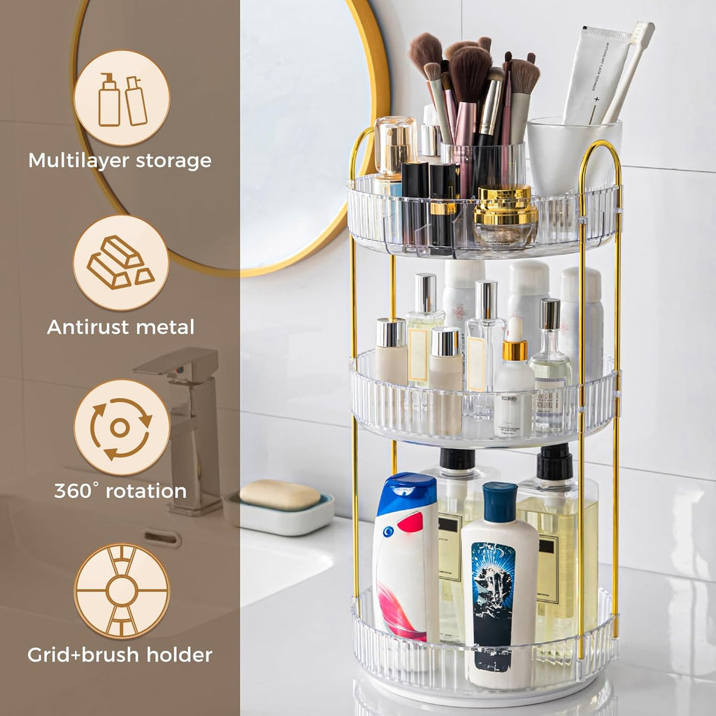 Skiennix 360° Rotating Makeup Organizer - Upgraded 3-Tier Skincare & Perfume Storage | Clear Cosmetic Dresser with Brush Holder
