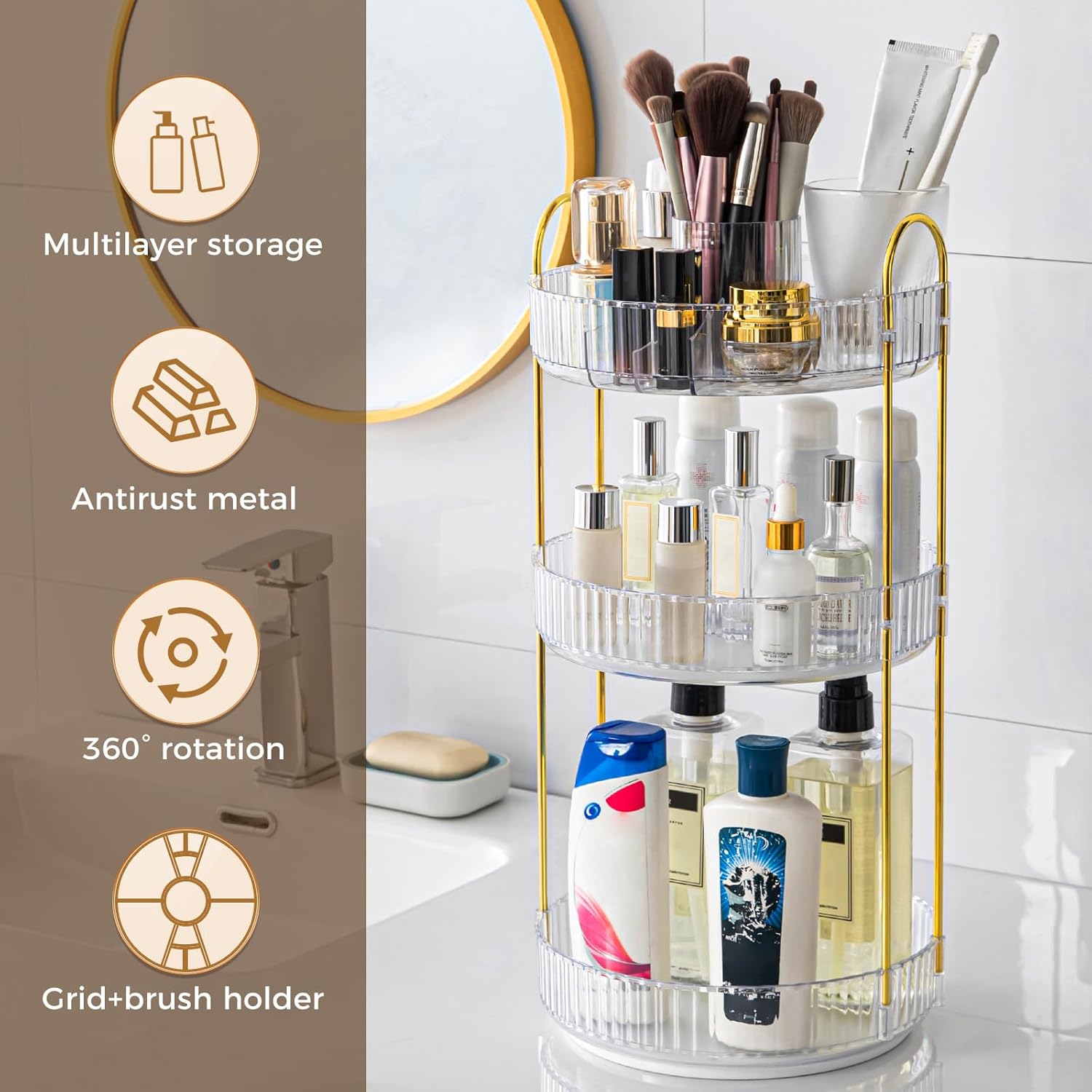 Skiennix 360° Rotating Makeup Organizer - Upgraded 3-Tier Skincare & Perfume Storage | Clear Cosmetic Dresser with Brush Holder