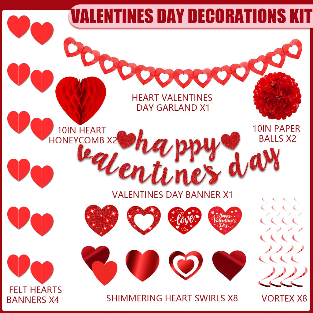 26Pcs Valentines Day Decorations Hanging Swirls Valentines Day Decorations Happy Valentine's Day Love Heart Garlands Banner Paper Honeycomb for Home Classroom Office Wedding Party Anniversary
