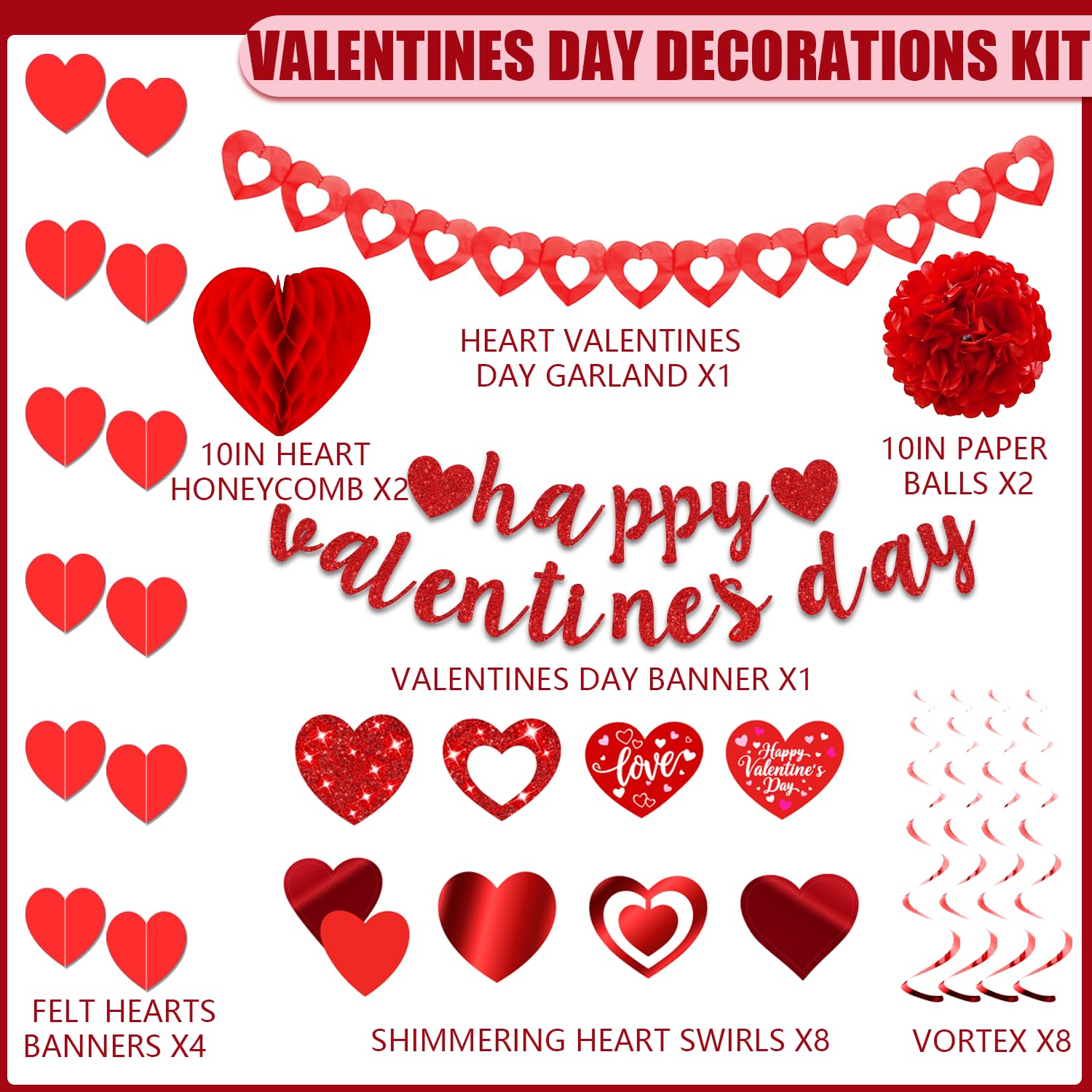 26Pcs Valentines Day Decorations Hanging Swirls Valentines Day Decorations Happy Valentine's Day Love Heart Garlands Banner Paper Honeycomb for Home Classroom Office Wedding Party Anniversary