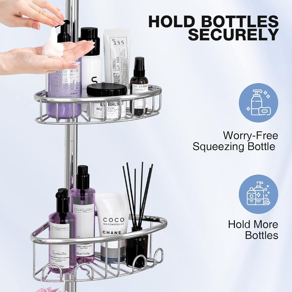 Skiennix Corner Shower Caddy Tension Pole - Rustproof 4-Tier Organizer | Adjustable 47-121 Inch Silver Shelves for Shampoo Storage