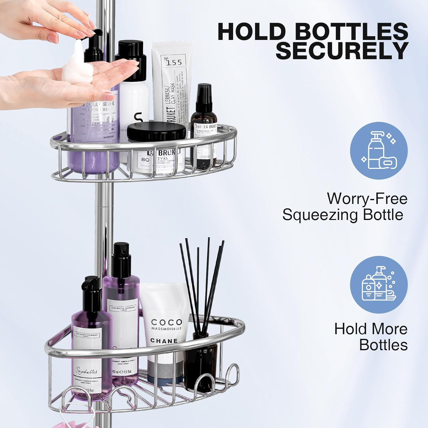 Skiennix Corner Shower Caddy Tension Pole - Rustproof 4-Tier Organizer | Adjustable 47-121 Inch Silver Shelves for Shampoo Storage
