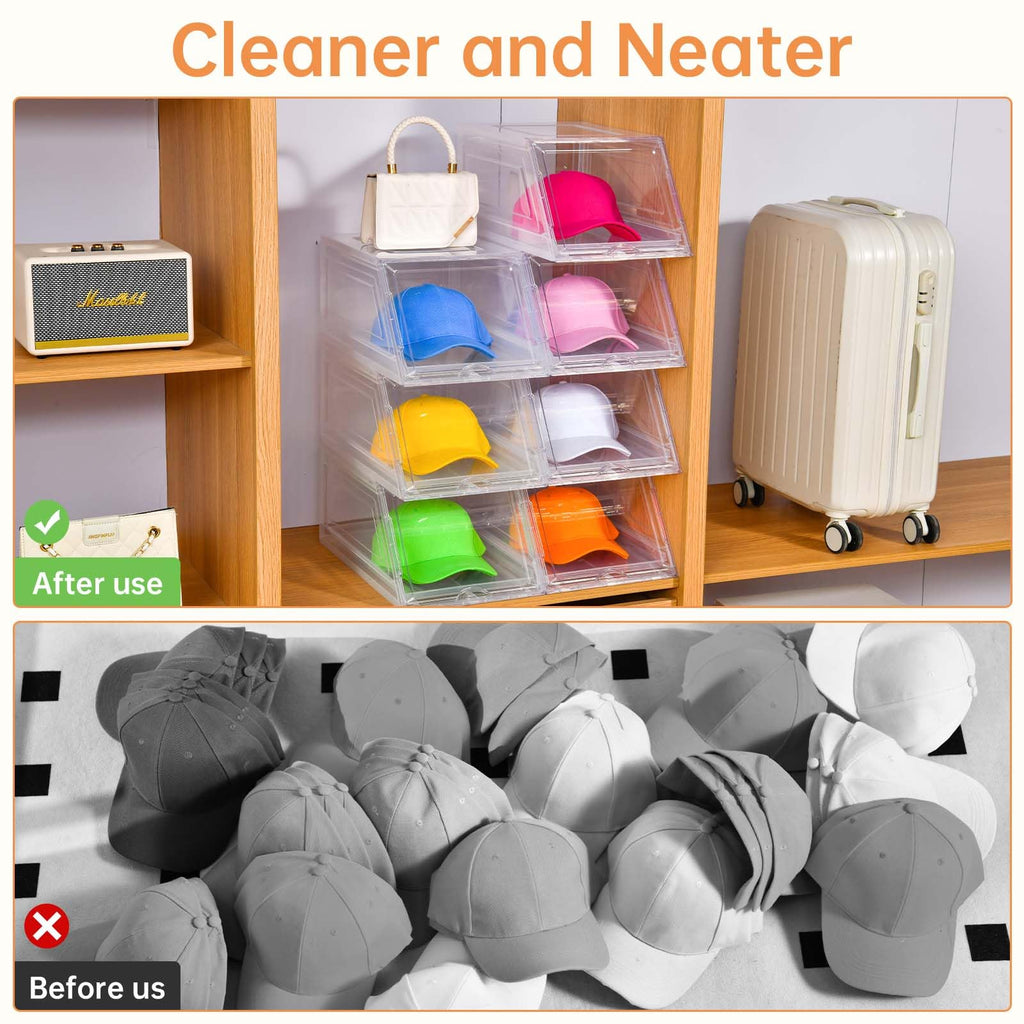 2 Pack Hat Organizer for Baseball Caps,Large Clear Cap Organizer with Drawer,Hats Holder Box for Closet with Sliding Tray,Stackable Hat Rack Display Case,Multi-use Hat Case for Caps,Each Holds 12 Hats