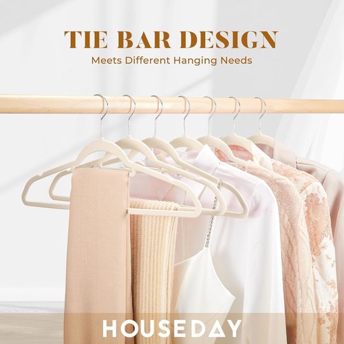 HOUSE DAY Velvet Hangers - Non-Slip Space-Saving Felt Hangers with Tie Bar | 60 Pack in Ivory for Clothes, Pants, Coats, and More