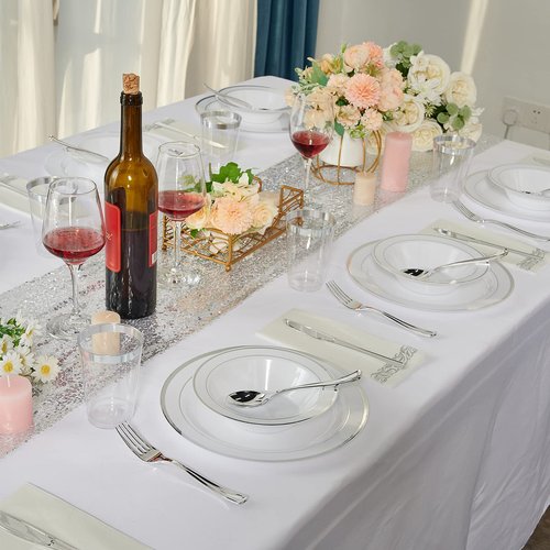 JOLLY PARTY 100PCS Plastic Bowls with Silver Rim-12oz Disposable Soup Bowls, Christmas Thanksgiving Premium Heavy Duty Plastic Dessert Bowls for Wedding/Party, Silver