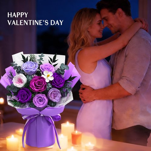 Forever Rose Flowers for Delivery, 8-Piece Preserved Roses Bouquet Birthday Gifts for Women, Long Lasting Purple Roses with Gift Box for Mom, Forever Flowers with Vase for Her Wife Girlfriend