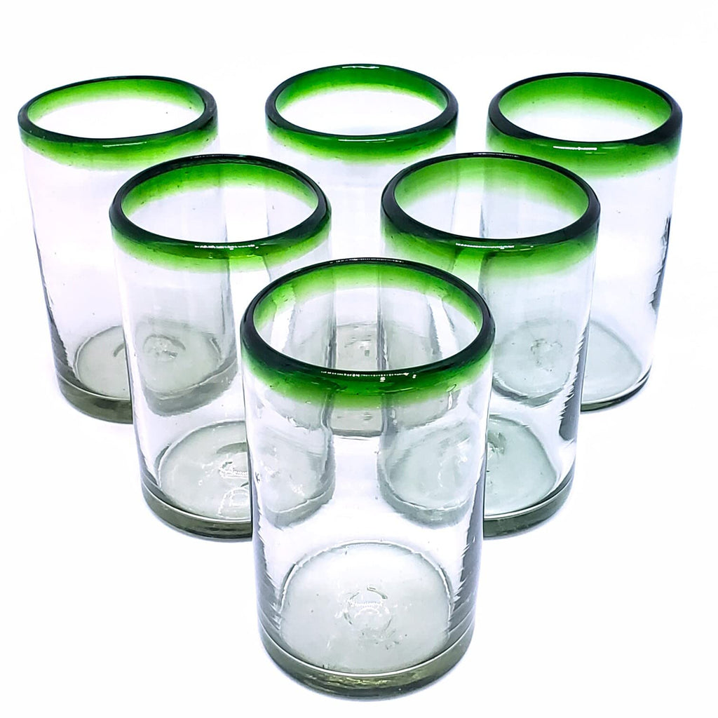 MexHandcraft Emerald Green Rim 14 oz Drinking Glasses (set of 6), Recycled Glass, Lead-free, Toxin-Free (Drinking)
