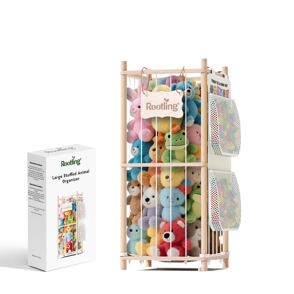 Rootling Stuffed Animal Storage & Organizer, 54 inch Tall Wooden Cute Zoo Toy Holder w/Building Block Storage Bag, Premium Wooden Material with Elastic Cord for Toddler Rooms, Playrooms (Small)