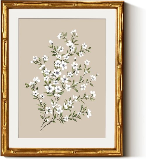 Framed White Flower Canvas Print | Minimalist Botanical Art with Gold Bamboo Frame - 11x14