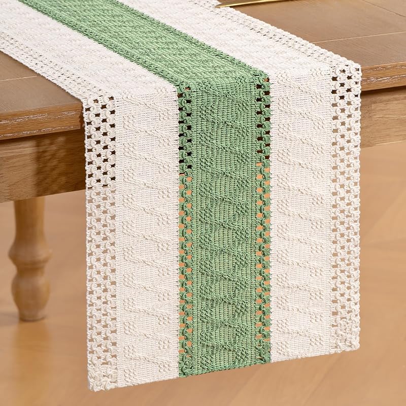 Ivory & Sage Boho Table Runner 12" x 90" | Cotton, Machine Washable