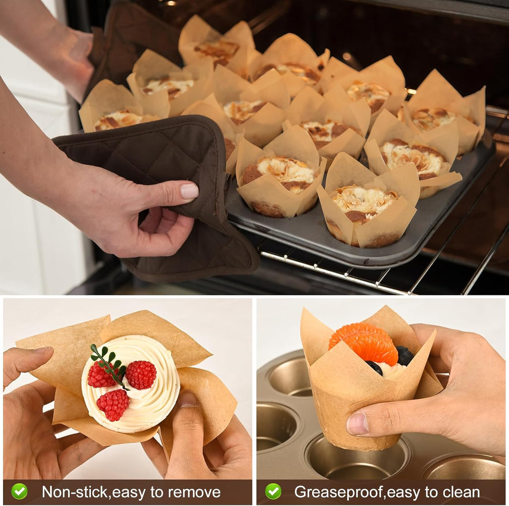 Natural Tulip Cupcake Liners - Unbleached Parchment Muffin Wrappers | 200 Greaseproof Cups for Parties
