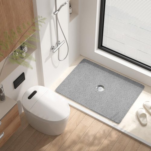 HITSLAM Shower Mat, 32 x 24 Inch Non Slip Bath Mat for Tub, Soft PVC Loofah Bathtub Mats with Drain Holes, Quick Drying Bathroom Stall Floor Mat, Bathroom Accessories Without Suction Cup, Grey