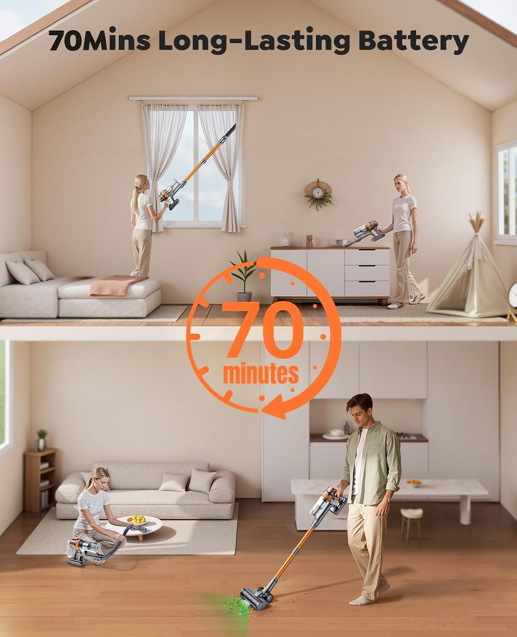 Skiennix Cordless Vacuum Cleaner - 55KPa Powerful Suction, 70-Minute Runtime, LED Touch Screen | Ideal for Pet Hair & Home Use