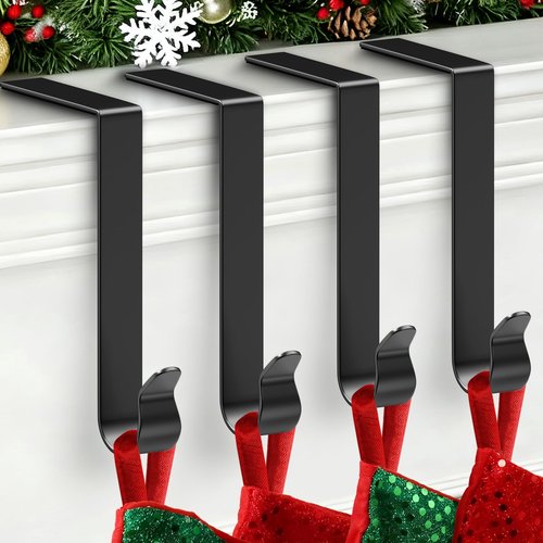 SPSHENG Christmas Stocking Holders for Mantle, Stocking Holders for Mantle Set 4, Fireplace Stocking Hangers for Tickness Mantel, Metal Hooks Garland Hanger for Christmas Party Home Decoration-Black