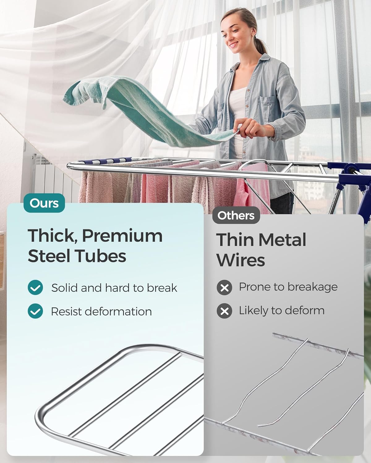 SONGMICS Foldable Clothes Drying Rack - 2-Level Laundry Airer with Adjustable Wings & 33 Rails | Silver and Blue