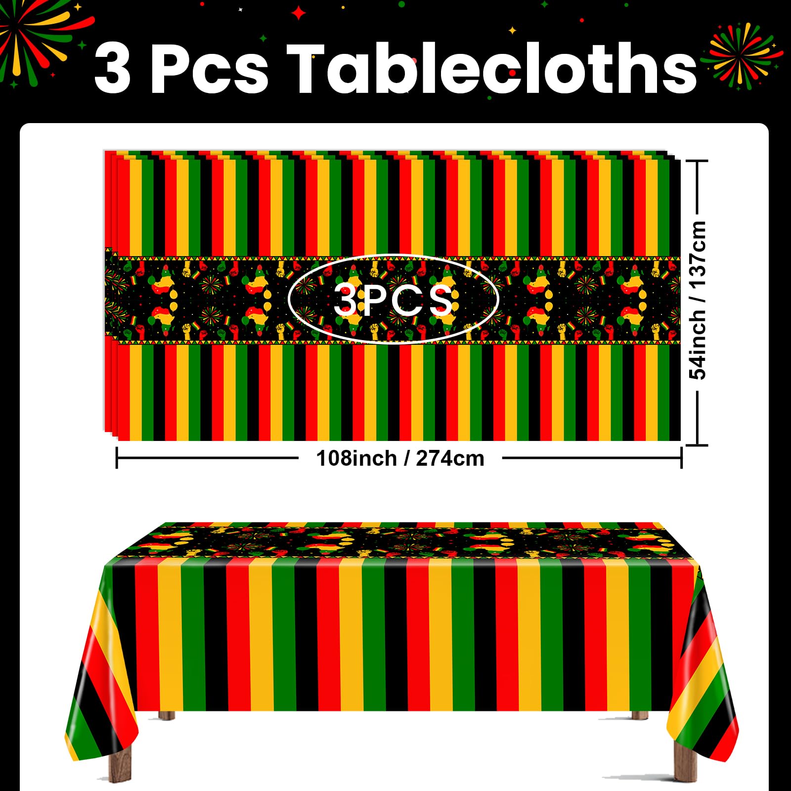 Avezano 3 pcs Black History Month Table Cloth Plastic Disposable Black History Decorations 108 x 54 Inch African American Juneteenth Holiday Decorations