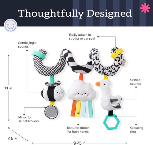 Itzy Ritzy Spiral Car Seat & Stroller Activity Toy - Engaging Hanging Toy with Mirror & Textured Ribbons for Infants