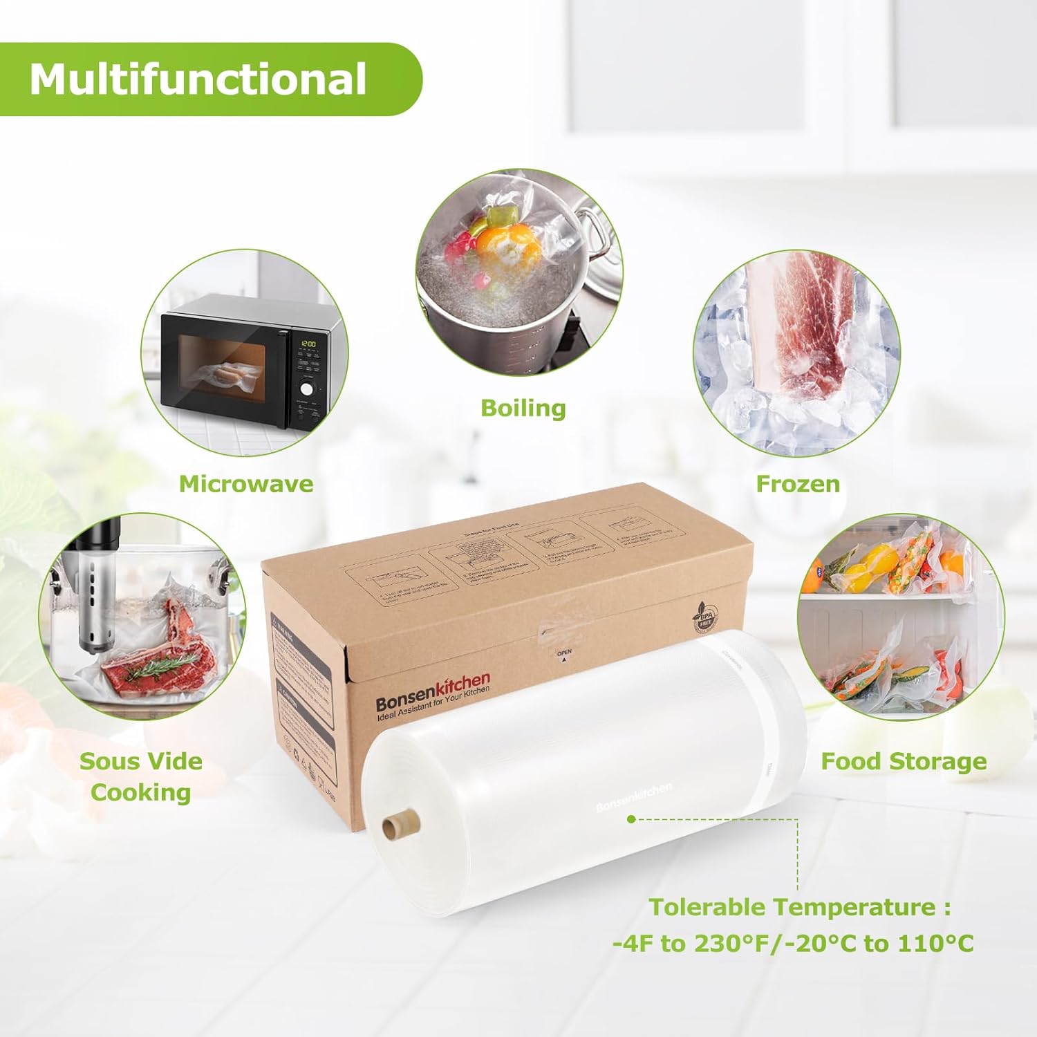 Bonsenkitchen Vacuum Sealer Bags Rolls - 11” x 150’ with Cutter, BPA Free for Meal Prep & Sous Vide Cooking | Easy to Cut & Seal