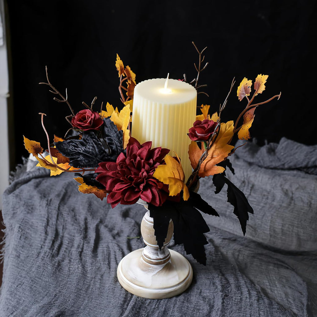 Regine Switzerland Halloween Candle Rings - Red Flowers & Artificial Maple Leaves | Perfect Table Centerpieces