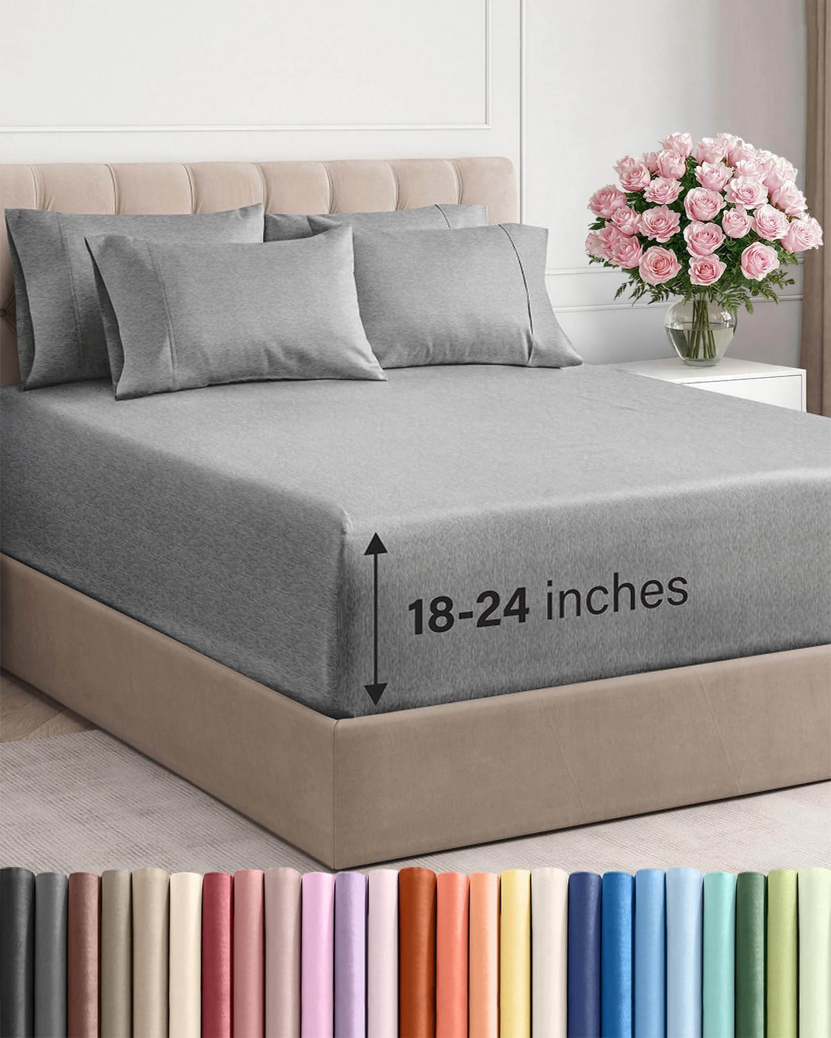 Skiennix Extra Deep King Sheet Set - 6 Piece Breathable Cooling Bedding - Soft Wrinkle-Free Heathered Grey