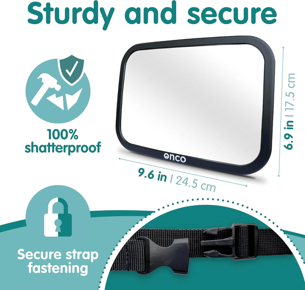 Onco Baby Car Mirror - 100% Shatterproof & Shakeproof Rear Facing Mirror with 360° Rotation | 2 Pack (9.6 x 6.9 in)