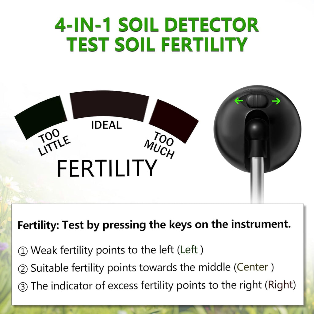 Skiennix 4-in-1 Soil Tester - Battery-Free PH, Moisture, Light & Fertilizer Meter for Garden & Lawn