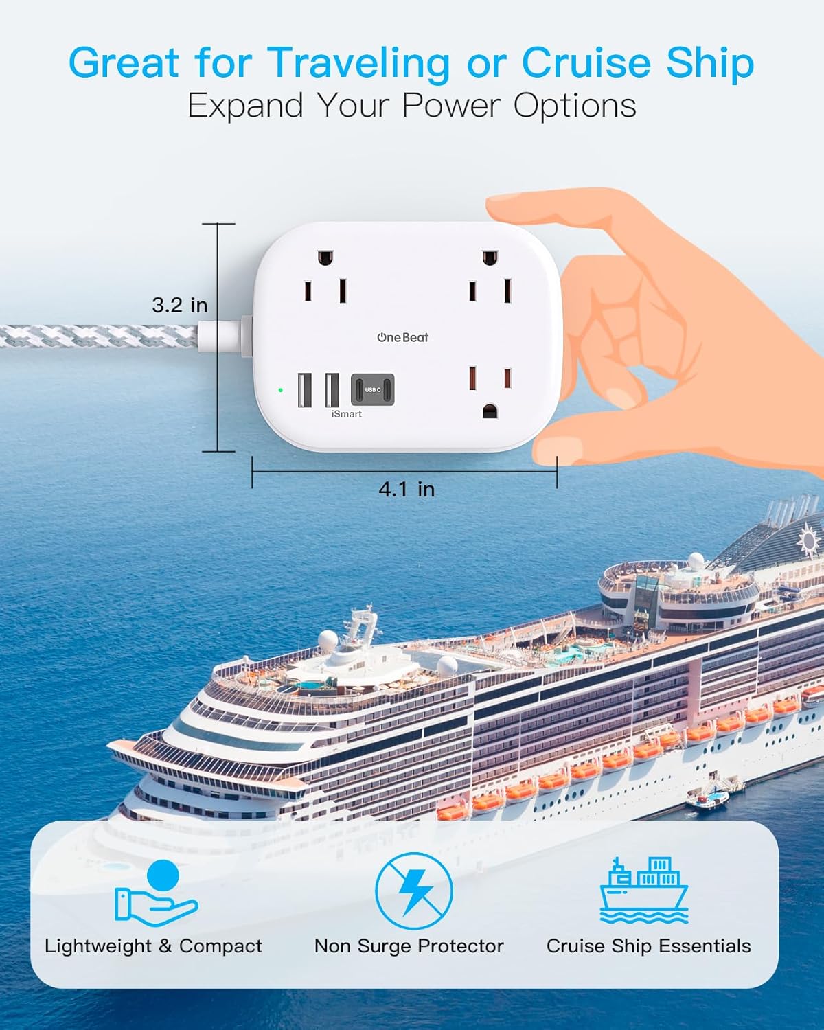 One Beat Travel Power Strip - 3 Outlets & 4 USB Ports (2 USB-C) | 5 ft Flat Plug Extension Cord for Cruise & Dorm Room