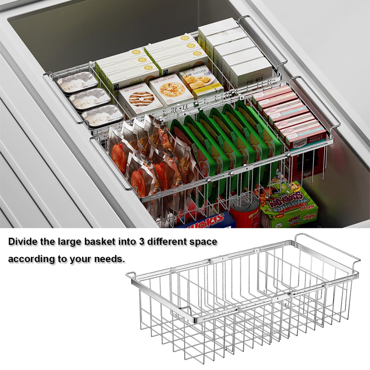 Homics Large Freezer Baskets for Chest Freezer with Dividers, Deep Freezer Organizer Bins Expandable 15.5"~24.5", Hanging Storage Container Baskets for Chest Freezer Sort Frozen Meats