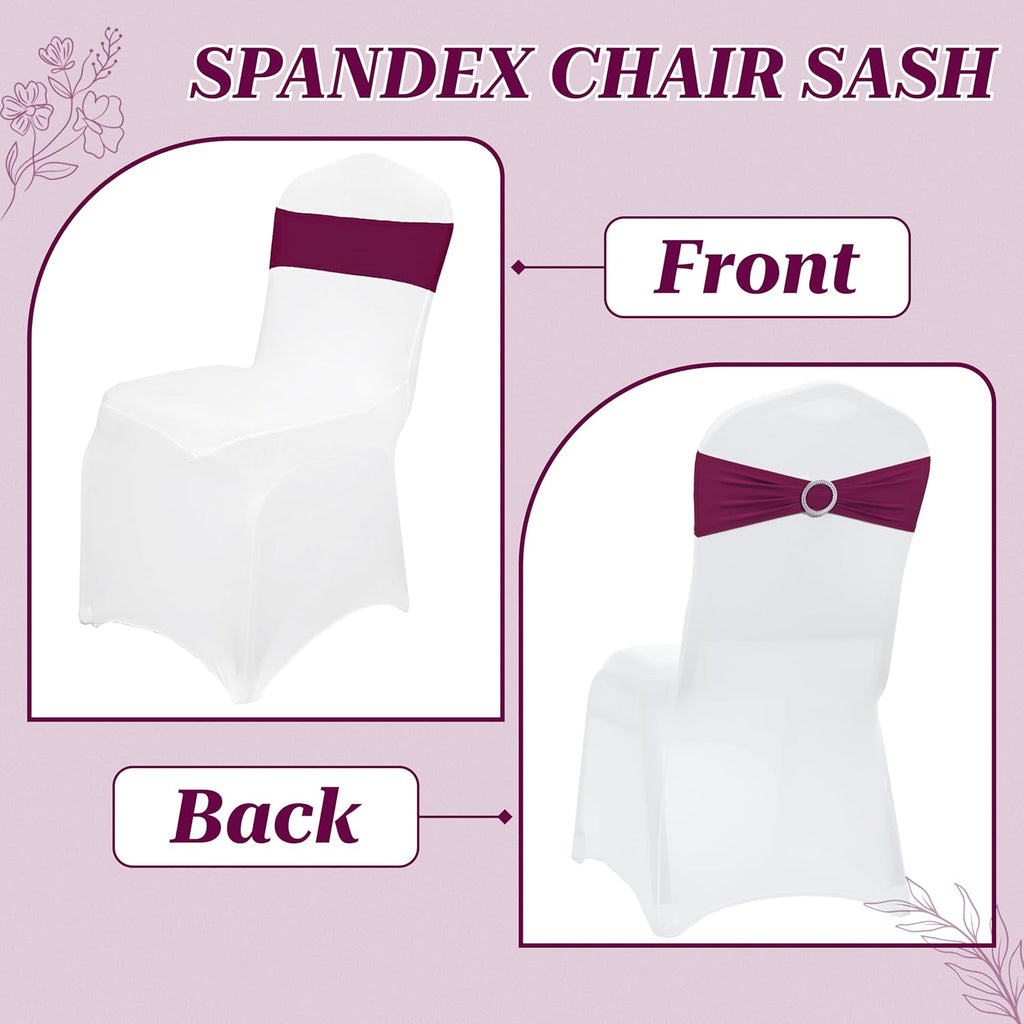 MDS Spandex Chair Sashes - 150 Universal Elastic Stretch Bands with Buckle Slider Bow | Eggplant Color