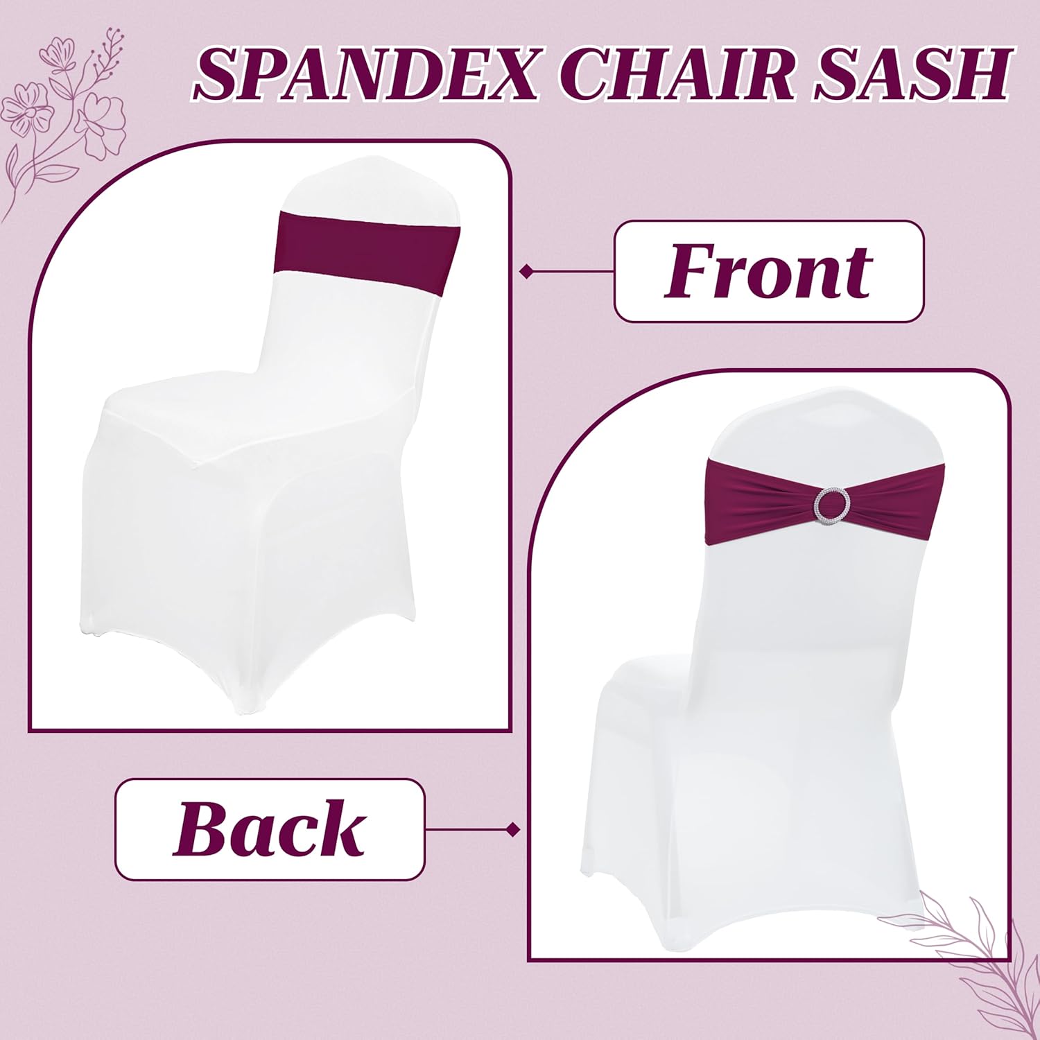 MDS Spandex Chair Sashes - 150 Universal Elastic Stretch Bands with Buckle Slider Bow | Eggplant Color