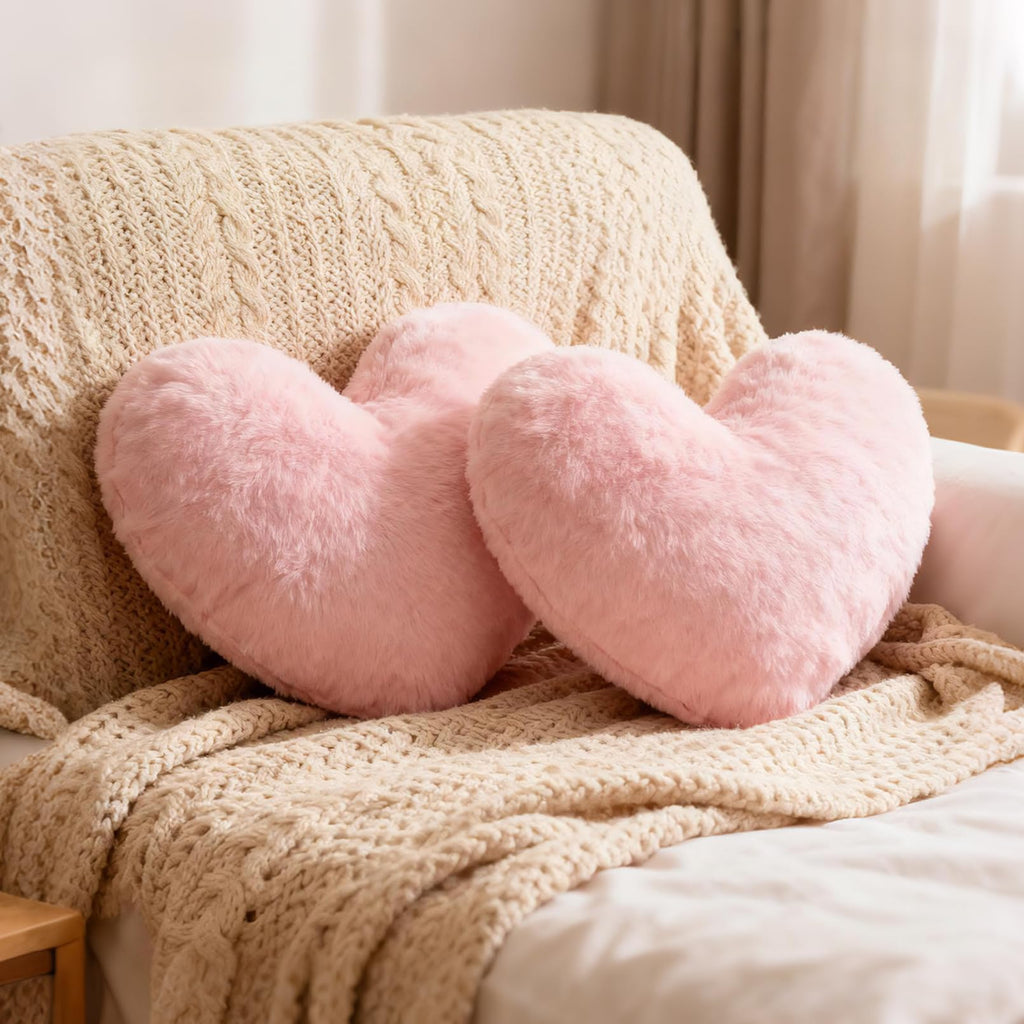 Nydotd Heart Pillows Cute Fuzzy Throw Pillow Pink Love Heart Shaped Decorate Pillows for Bed Livingroom Sofa Gifts Home Decor Cushion Small 11.8" x 10"