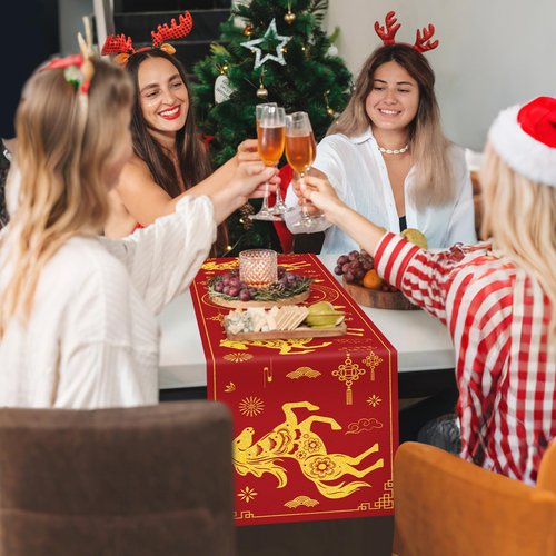 Gold Horse Printed Table Runner, 14 x 72 Inch Chinese New Year Dinner Table Runner for Festival Party Holiday Home Kitchen Dining Indoor Outdoor Decorations